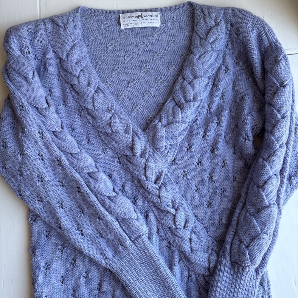 Peruvian Connection 100% Alpaca Womens M Purple Surplice Braided Knit Sweater - Picture 11 of 12